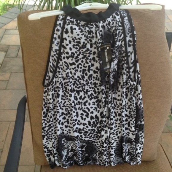 NWT LEOPARD OFF SHOULDER Black BLOUSE Romantic L - Picture 1 of 3